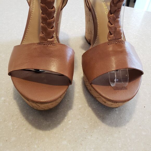 Franco Sarto Chestnut Leather Wedges.  Size 11 T-Strap Cork Platform. - Picture 4 of 9